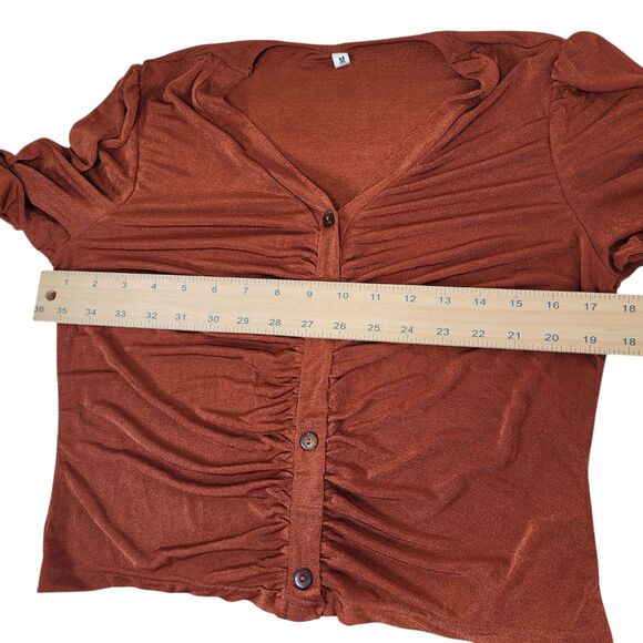 Women's  Slinky Knit Ruched Front Button Down Crop Top Brown Size Medium - Picture 11 of 12